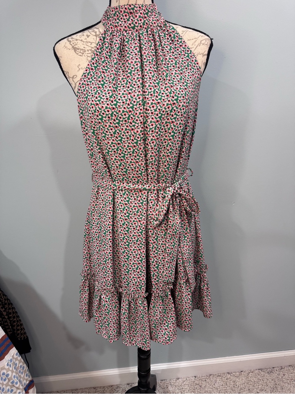 VICI Pink and Green Halter Tie-Waist Floral Mini Dress